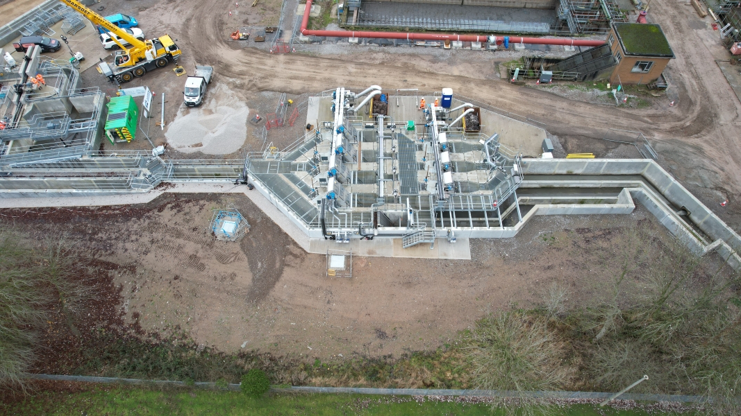 Aerial view of construction work on a wastewater treatment works