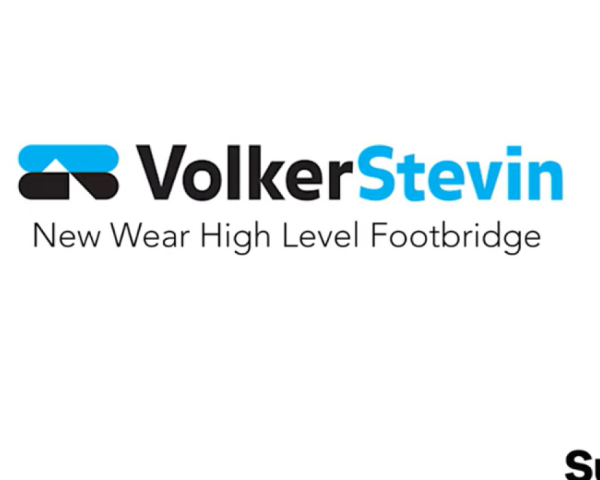 VolkerStevin logo with text underneath which reads 'New Wear high-level Footbridge' and Sunderland City Council logo in the bottom right corner.