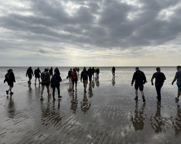 People walking on a beach.